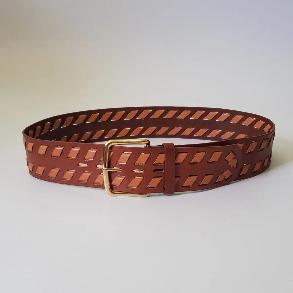 Chicos Wide Woven Leather Hip Belt Medium Brown Tan Adjustable Boho Western